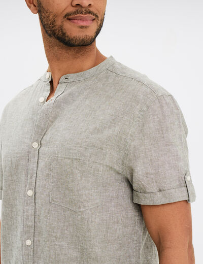 Chemise col mao lin mélangé vert kaki homme