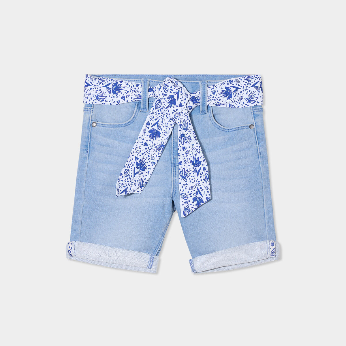 Bermuda en jean ajusté ceinture foulard denim double stone fille