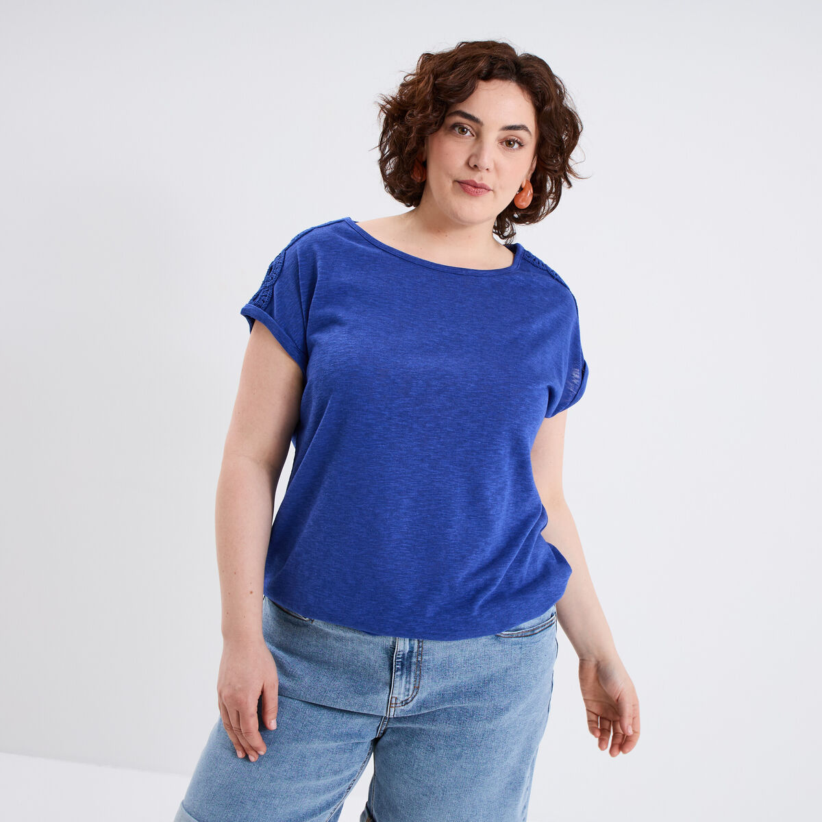 T-shirt épaules effet macramé bleu roi femme grande taille