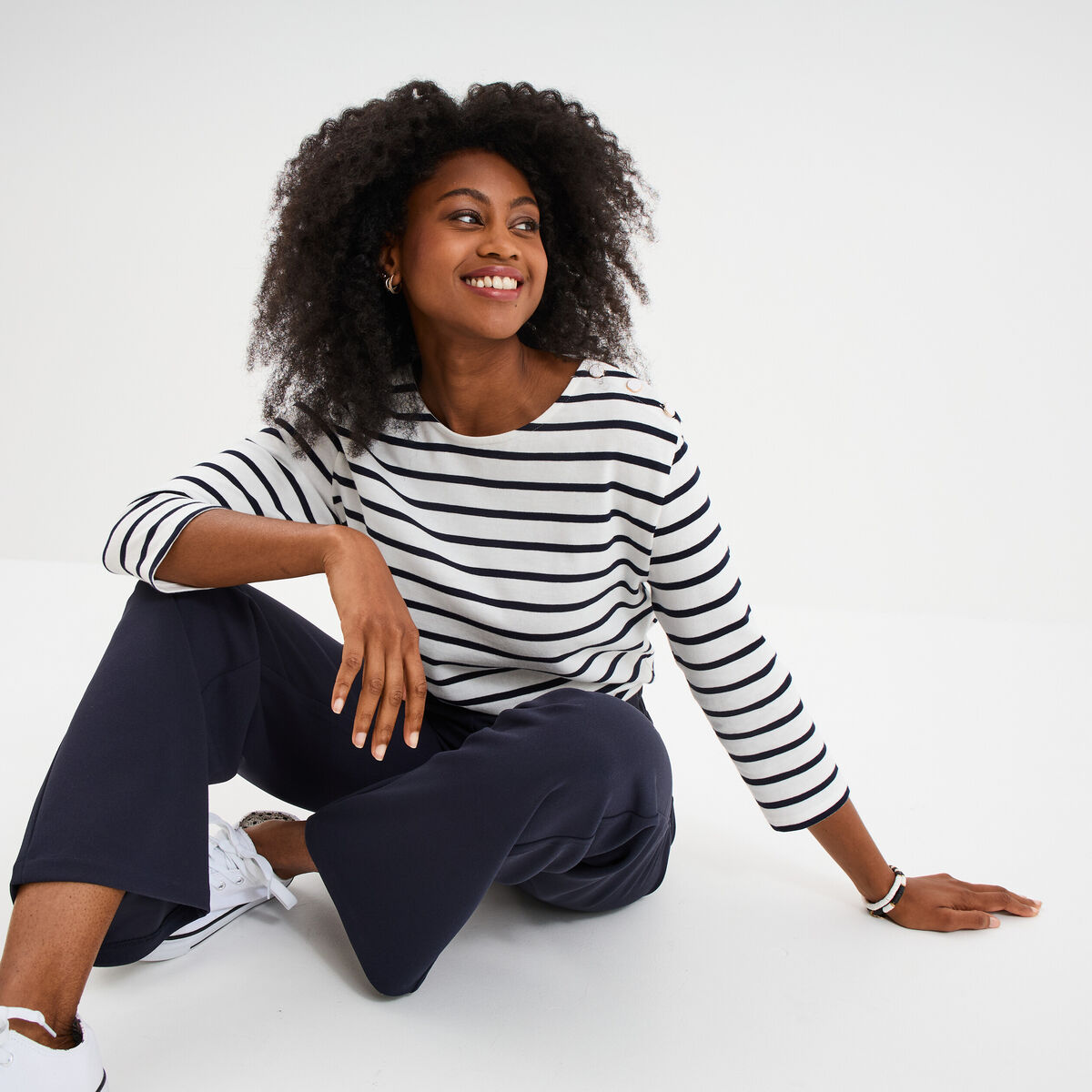 T-shirt manches 3/4 avec boutons coton ecru femme