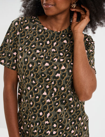 T-shirt coton col rond manches courtes vert kaki femme