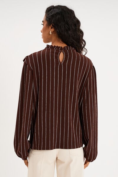 Blouse col montant &agrave; volants marron fonc&eacute; femme