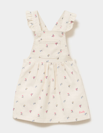 Robe salopette bretelles &agrave; volants coton ecru b&eacute;b&eacute; fille