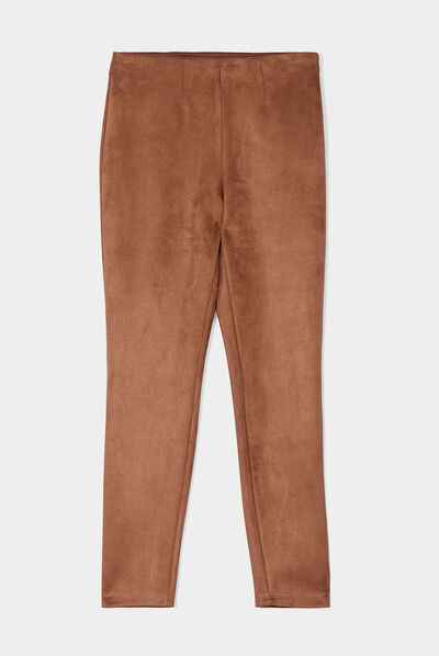 Pantalon suédine slim taille élastiquée marron foncé femme