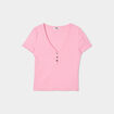 T-shirt court effet côtelé col en V rose femme