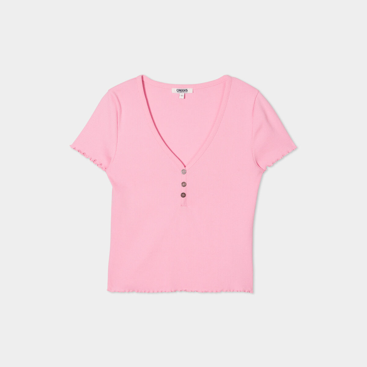 T-shirt court effet côtelé col en V rose femme