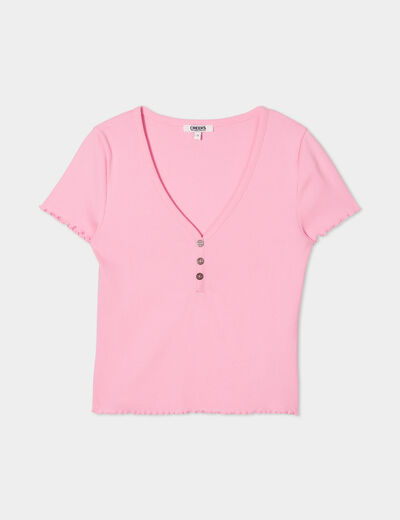 T-shirt court effet côtelé col en V rose femme