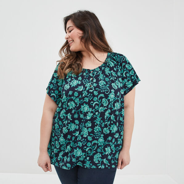 t shirt col smocke manches courtes bleu marine femmegt T-shirt col smocké manches courtes bleu marine femme grande taille