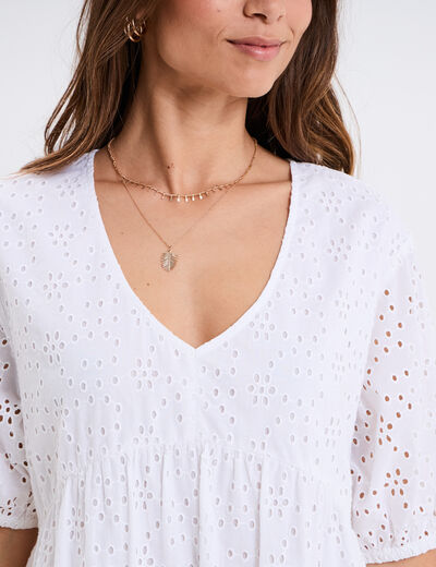 Robe broderie anglaise manches 3/4 blanc femme