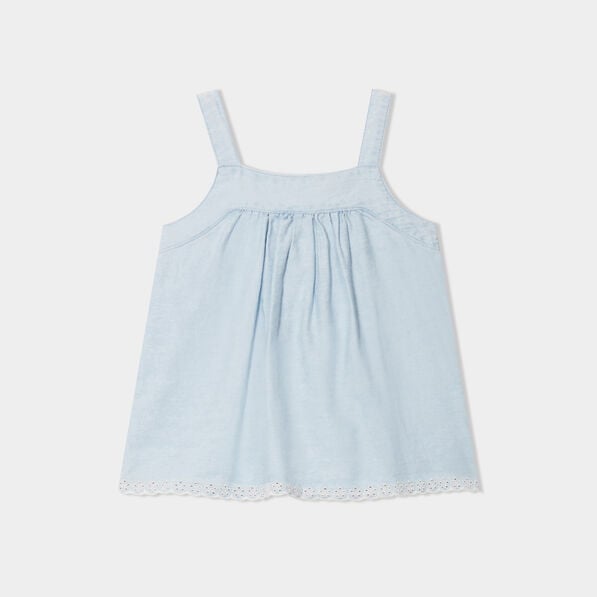 blouse a bretelles details brodes coton denim bleach bebef Blouse à bretelles détails brodés coton denim bleach bébé fille