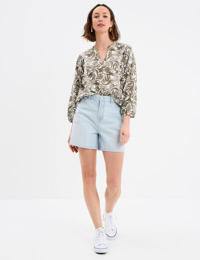 T-shirt ajouré manches 3/4 col en V ecru femme