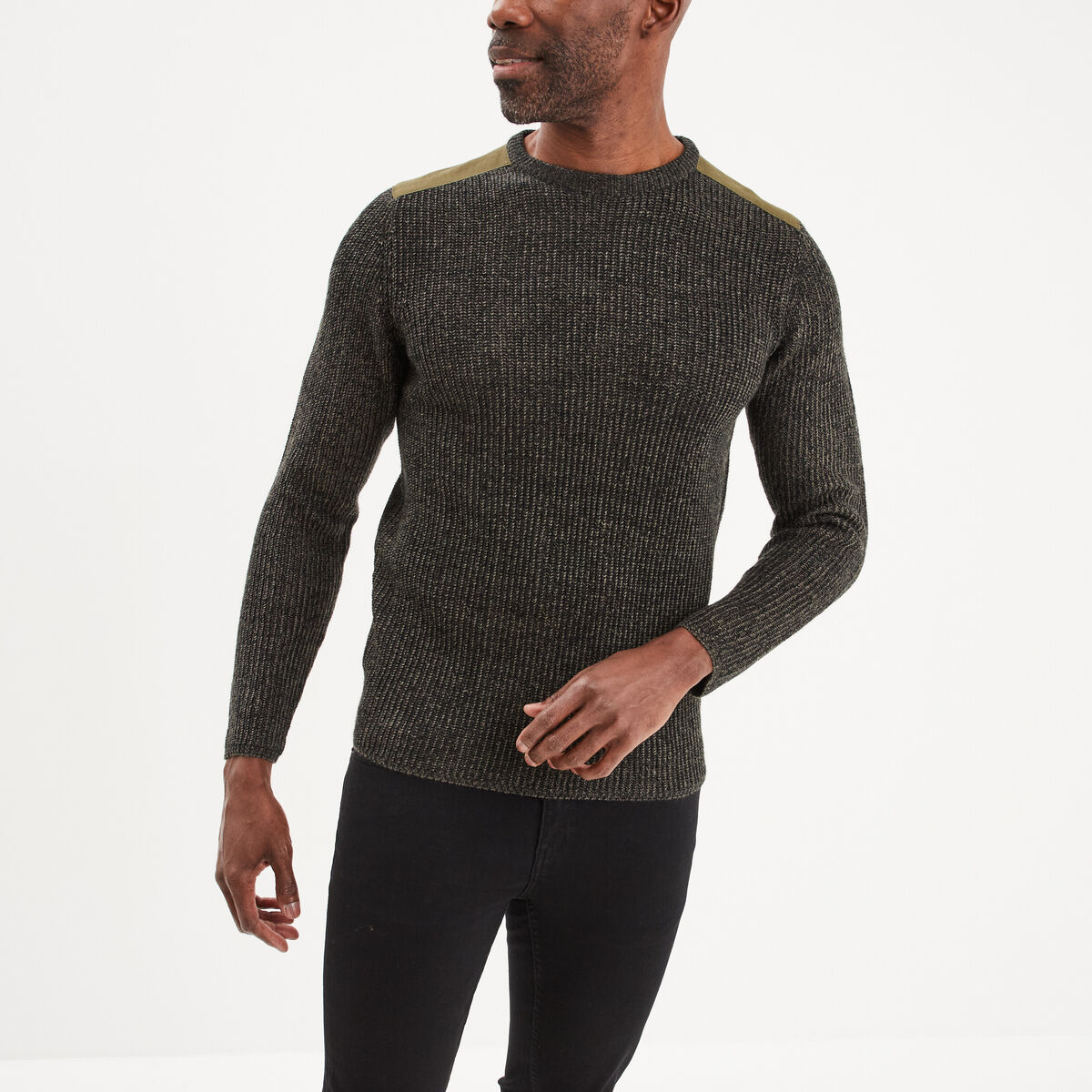 Pull col rond manches longues Liberto vert kaki homme