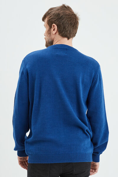Pull Père-Noël col rond avec pompon bleu homme