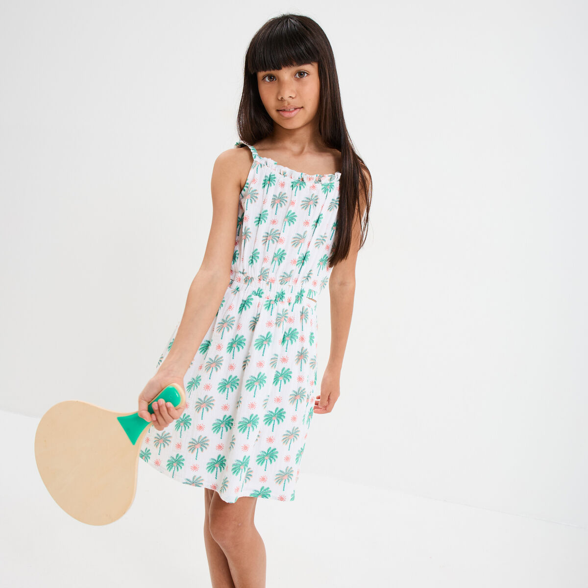 Robe &agrave; bretelles en gaze de coton ecru fille