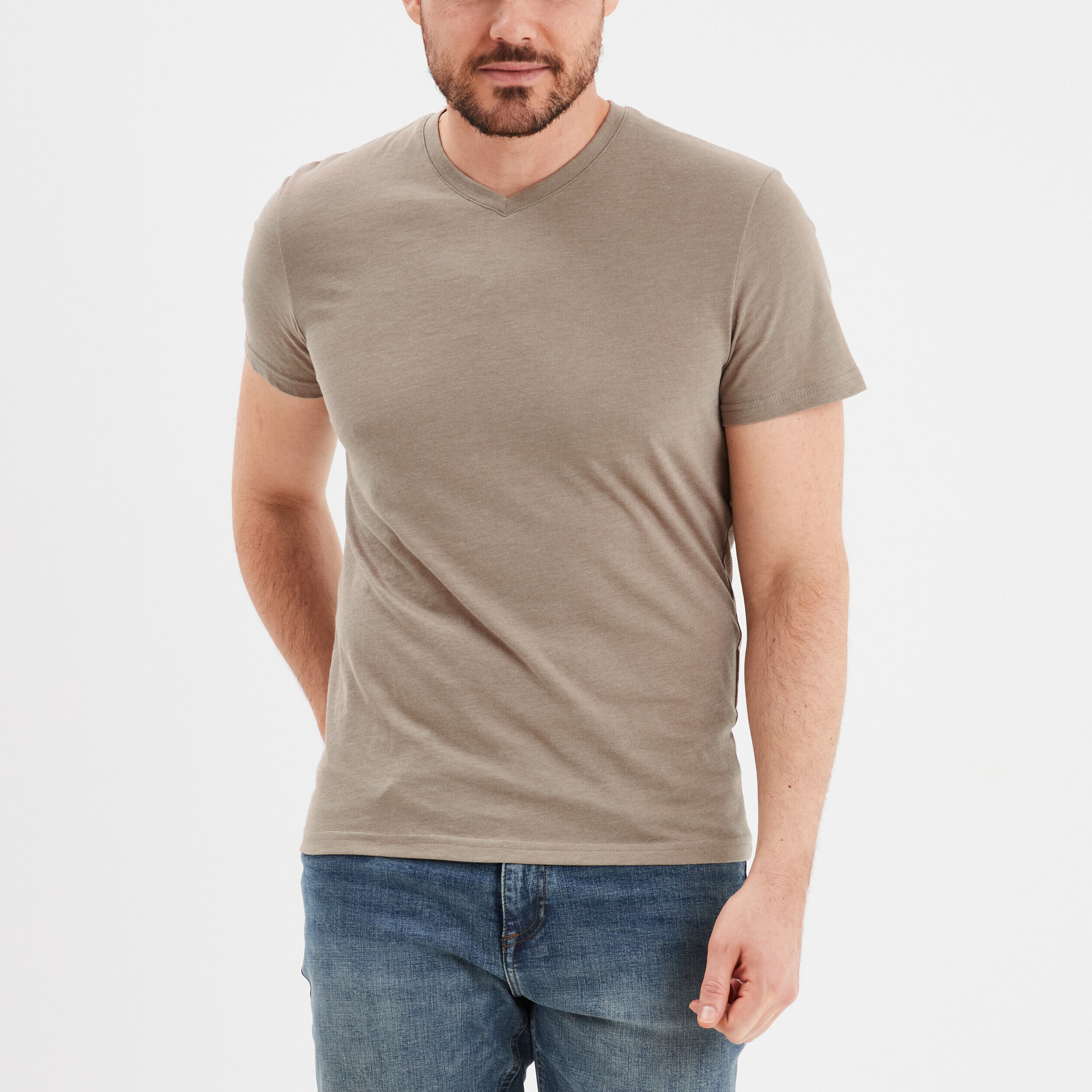 T-shirt manches courtes coton col V taupe homme LH
