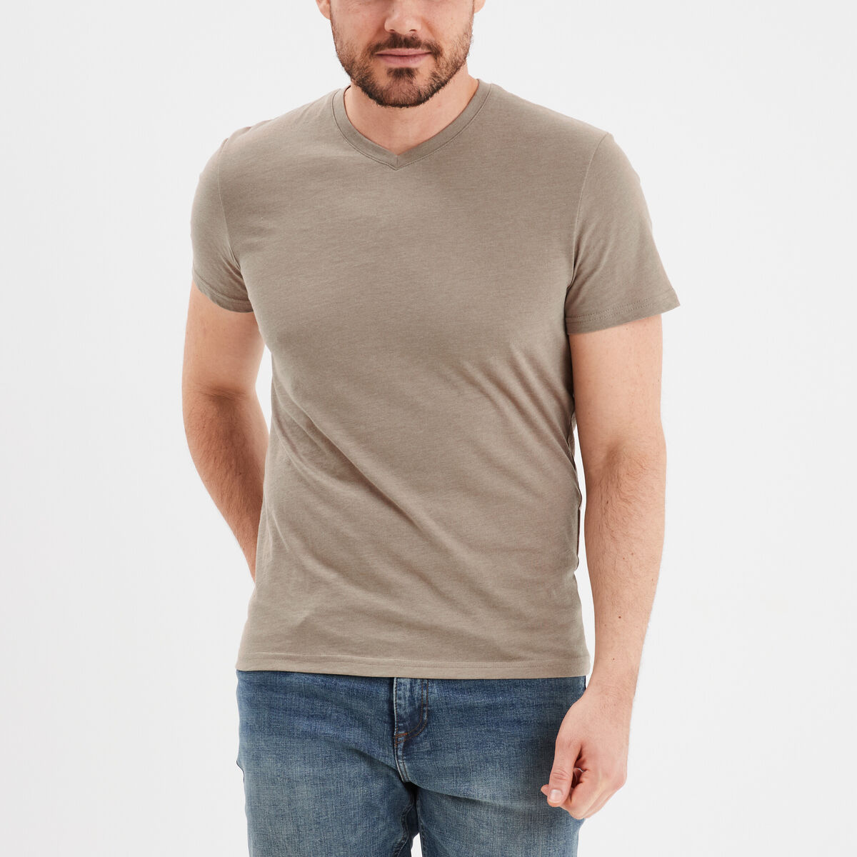T-shirt manches courtes coton col V taupe homme