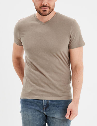 T-shirt manches courtes coton col V taupe homme