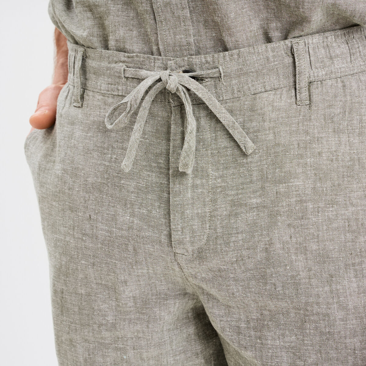 Bermuda chino &agrave; coulisse lin m&eacute;lang&eacute; vert kaki homme