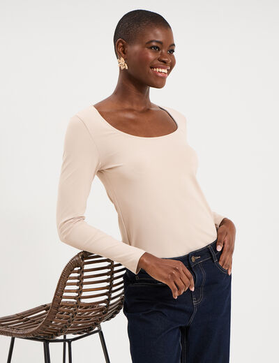 T-shirt ajust&eacute; manches longues beige femme