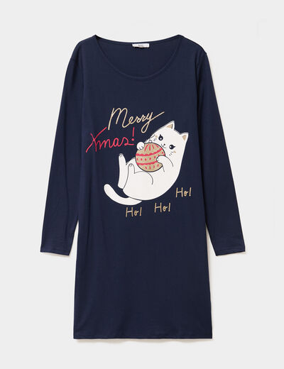 Chemise de nuit manches longues coton bleu marine femme