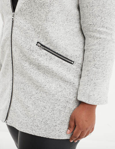 Manteau mi-long droit zippé col mao gris clair femme grande taille