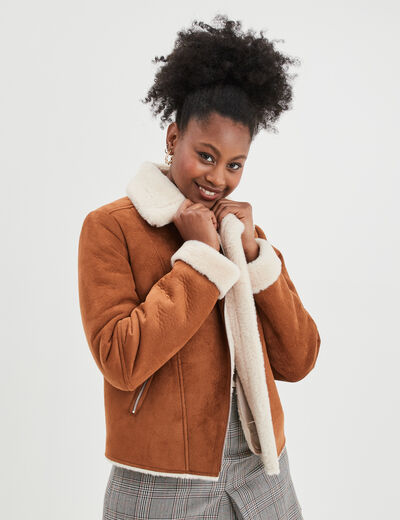 Veste col aviateur zippée doublée camel femme