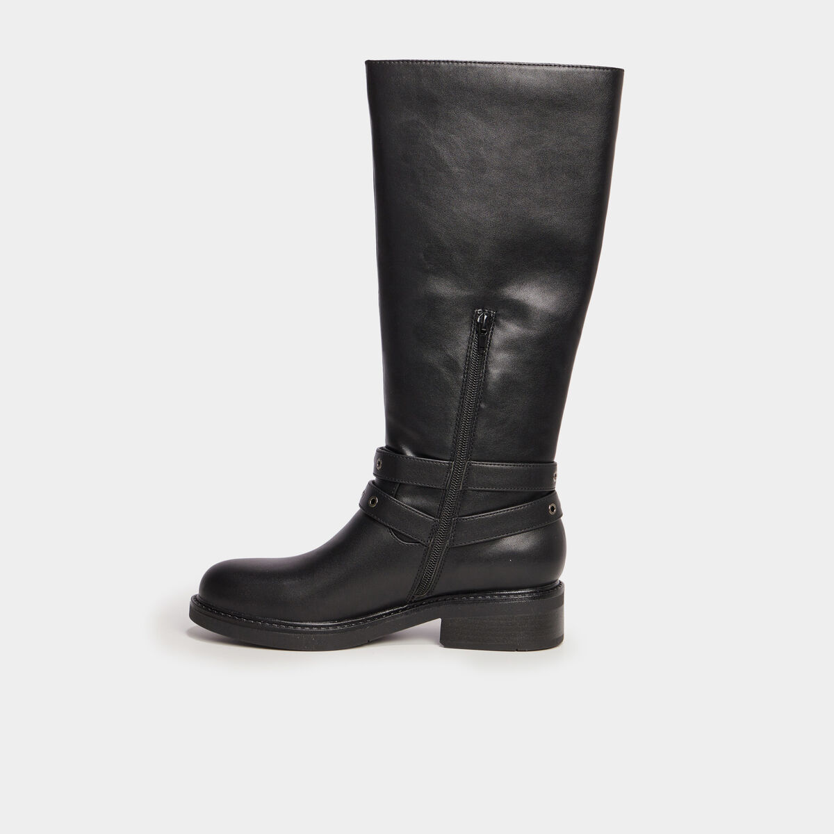 Bottes talons plats brides &agrave; oeillets noir femme