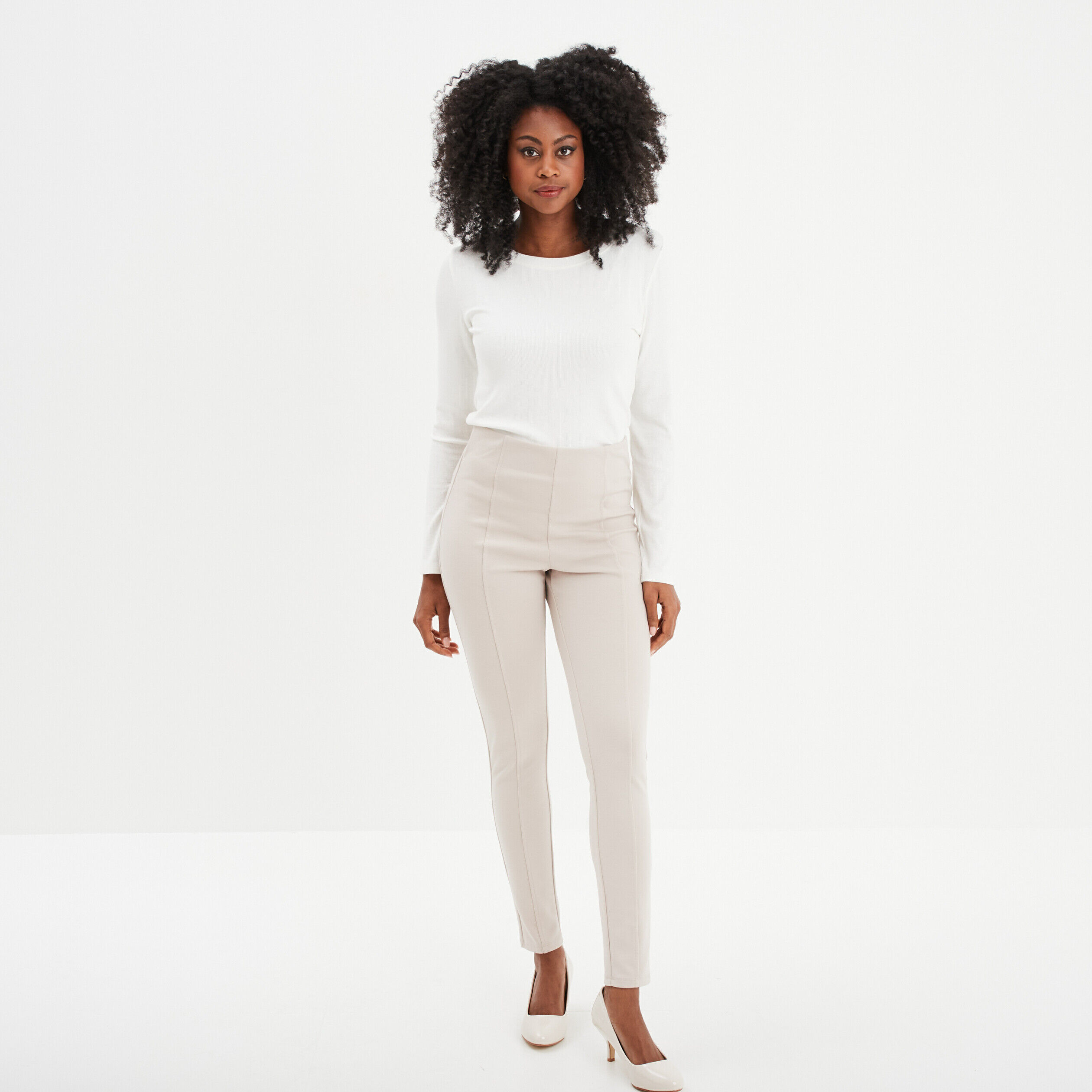 Pantalon femme pas cher taille haute fluide ou slim Pantalon Beige La Halle