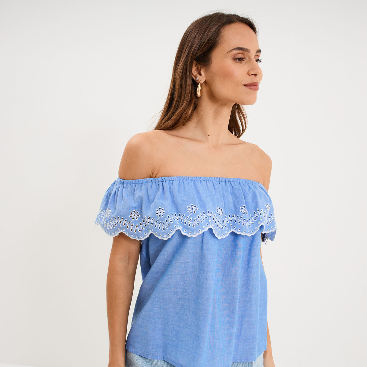 Blouse col bardot broderie anglaise bleu clair femme