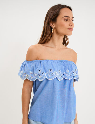 Blouse col bardot broderie anglaise bleu clair femme