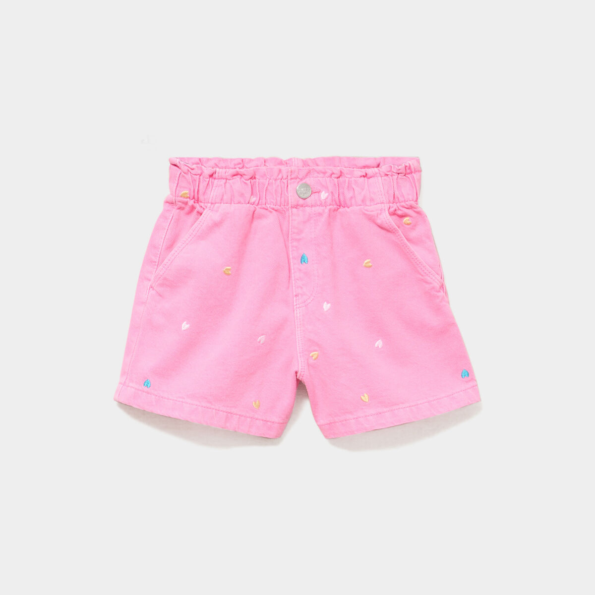 Short brod&eacute; droit &eacute;lastiqu&eacute; coton rose fluo fille