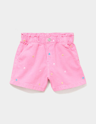 Short brod&eacute; droit &eacute;lastiqu&eacute; coton rose fluo fille