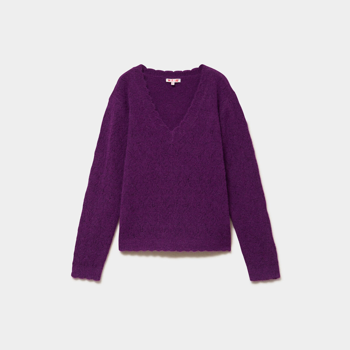 Pull col V ajour&eacute; manches longues violet fonc&eacute; femme