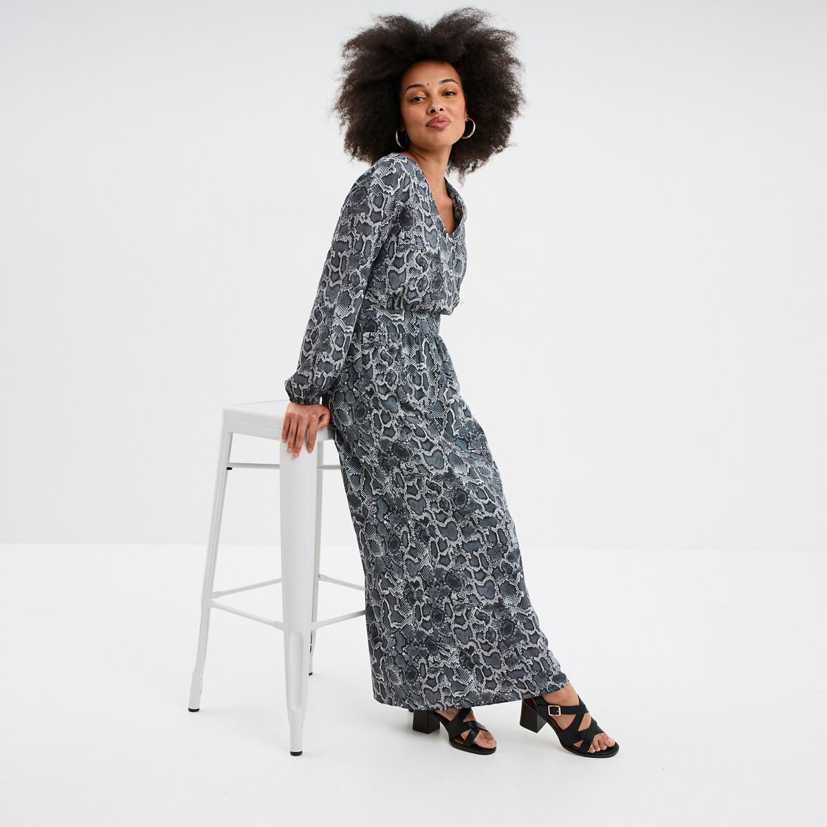 Robe longue fluide manches longues gris femme