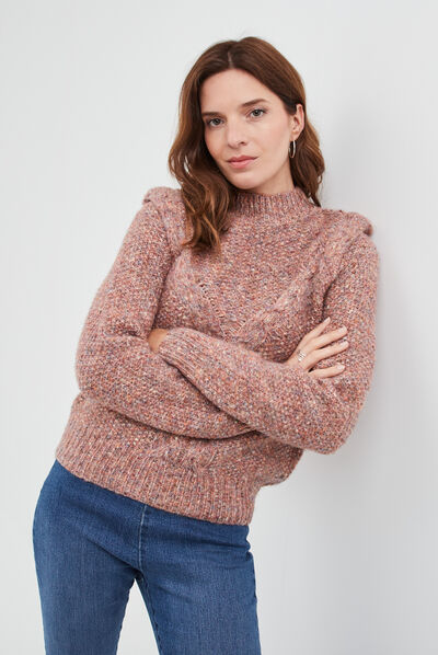 Pull détails torsades col montant rose clair femme