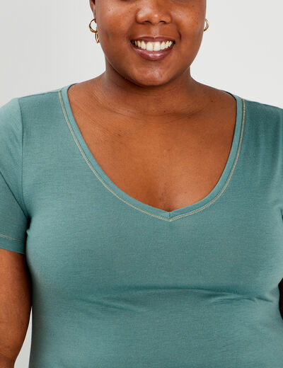 T-shirt manches courtes col V vert foncé femme grande taille