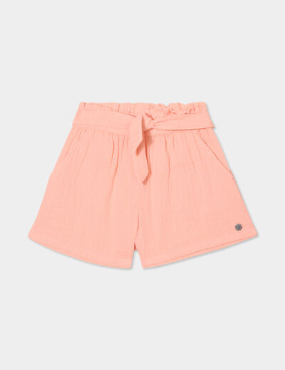Short droit avec noeud en gaze de coton rose saumon fille