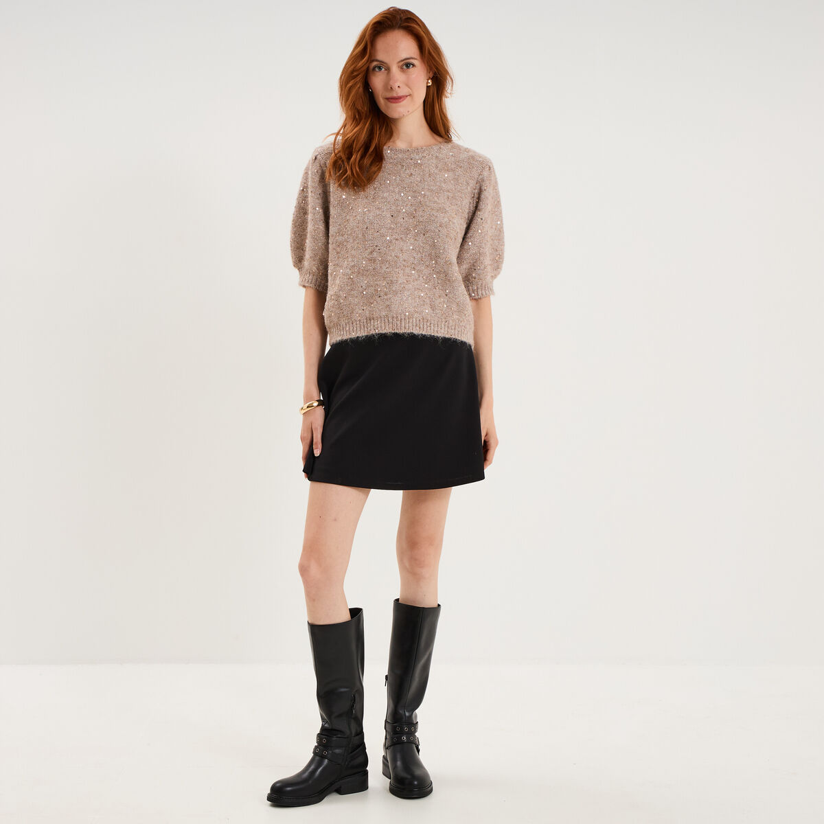 Pull sequins et manches courtes ballons beige femme