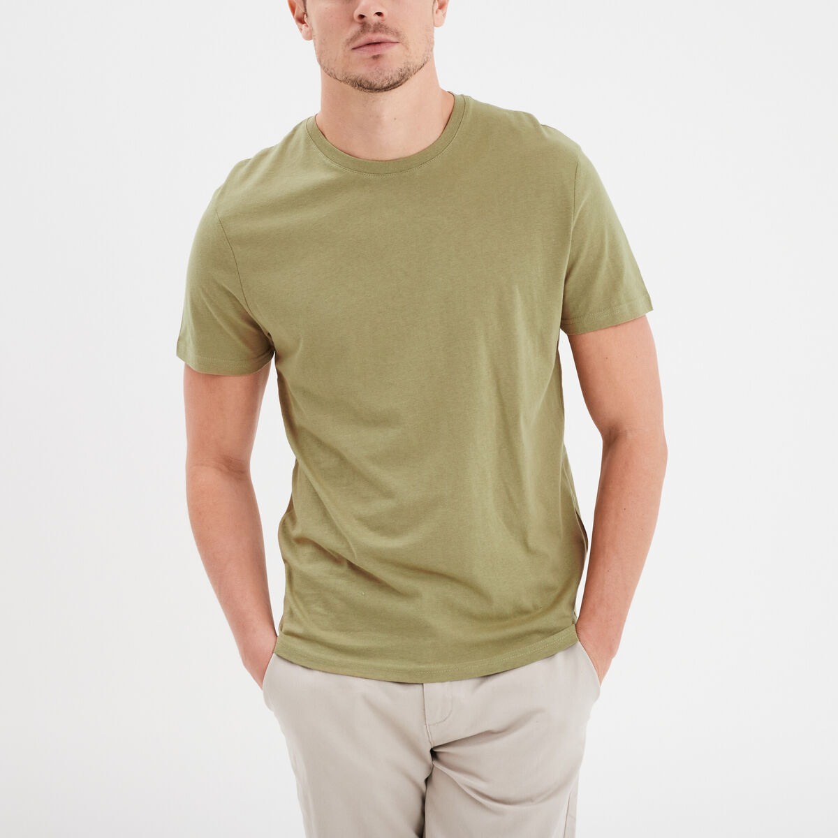 T-shirt droit en coton manches courtes vert kaki homme