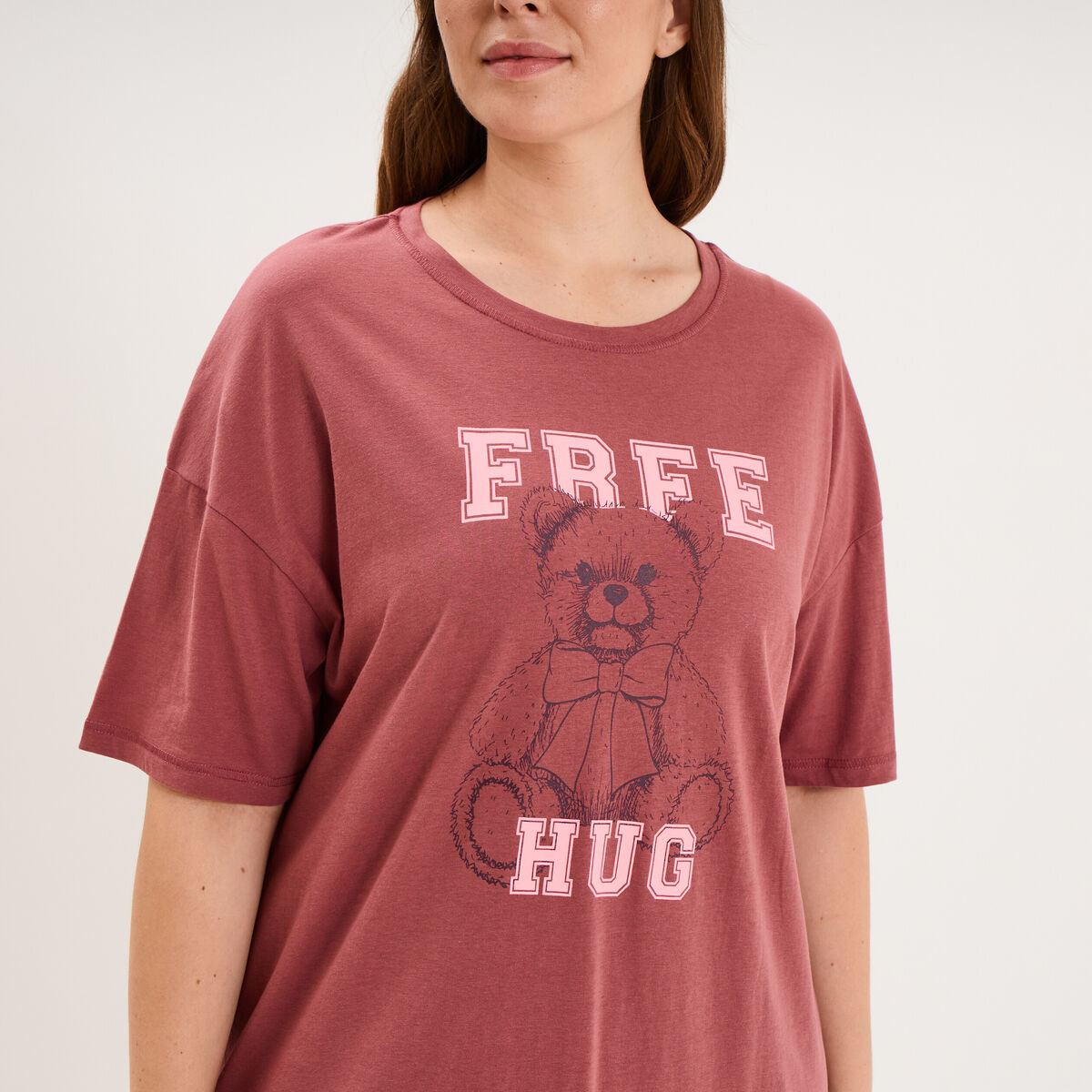 Chemise de nuit courte col rond coton rose framboise femme grande taille
