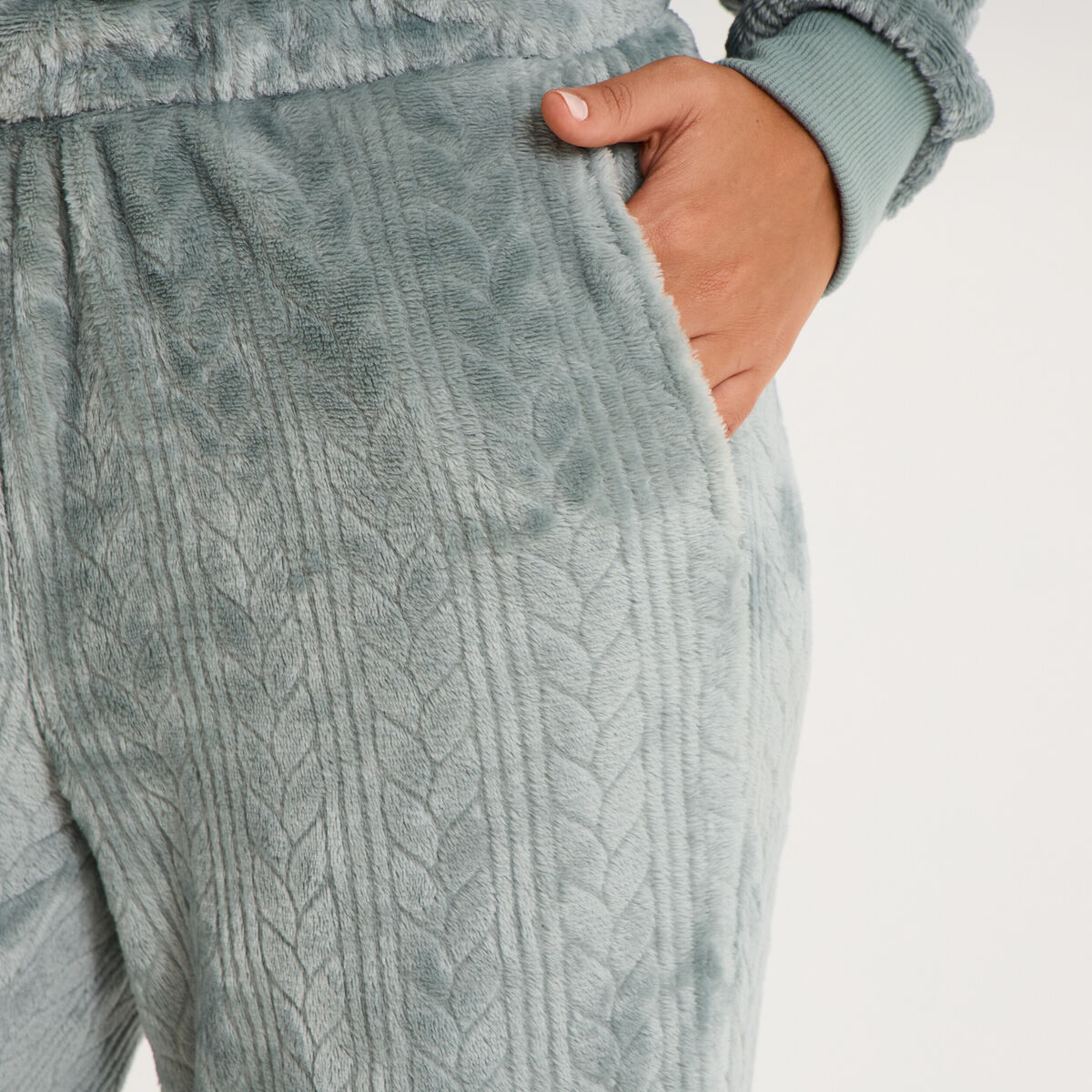 Pantalon effet polaire d&eacute;tails torsades bleu gris femme