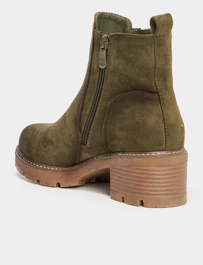 Bottines &agrave; talons effet daim zipp&eacute;es vert kaki femme