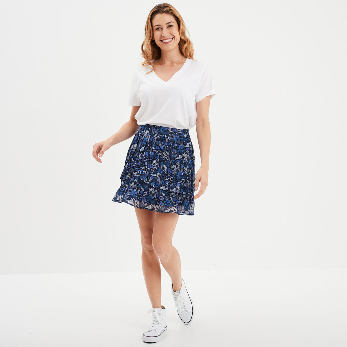 Jupe courte patineuse &agrave; volants bleu femme