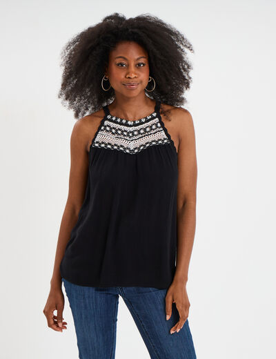 Blouse col effet macramé noir femme