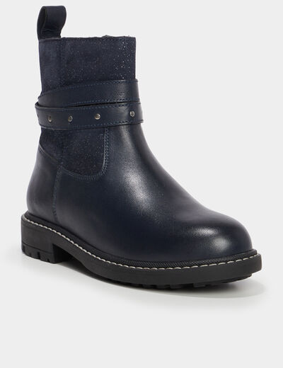 Bottines brides à clous en cuir bleu marine fille