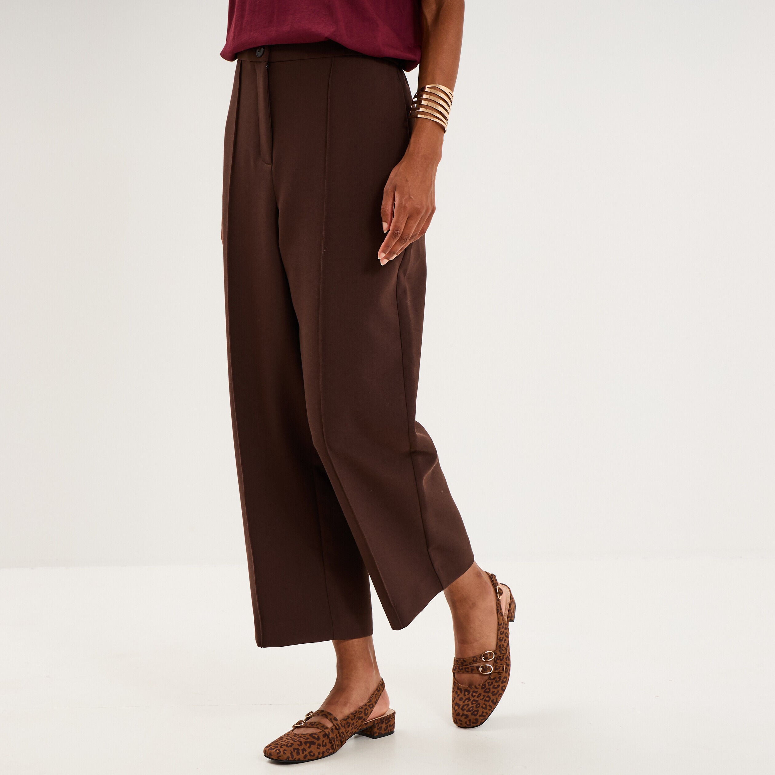 Pantalon droit cropped taille haute marron foncé femme