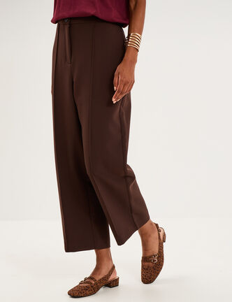 Pantalon droit cropped taille haute marron fonc&eacute; femme