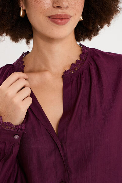 Blouse manches longues col dentelle violet fonc&eacute; femme
