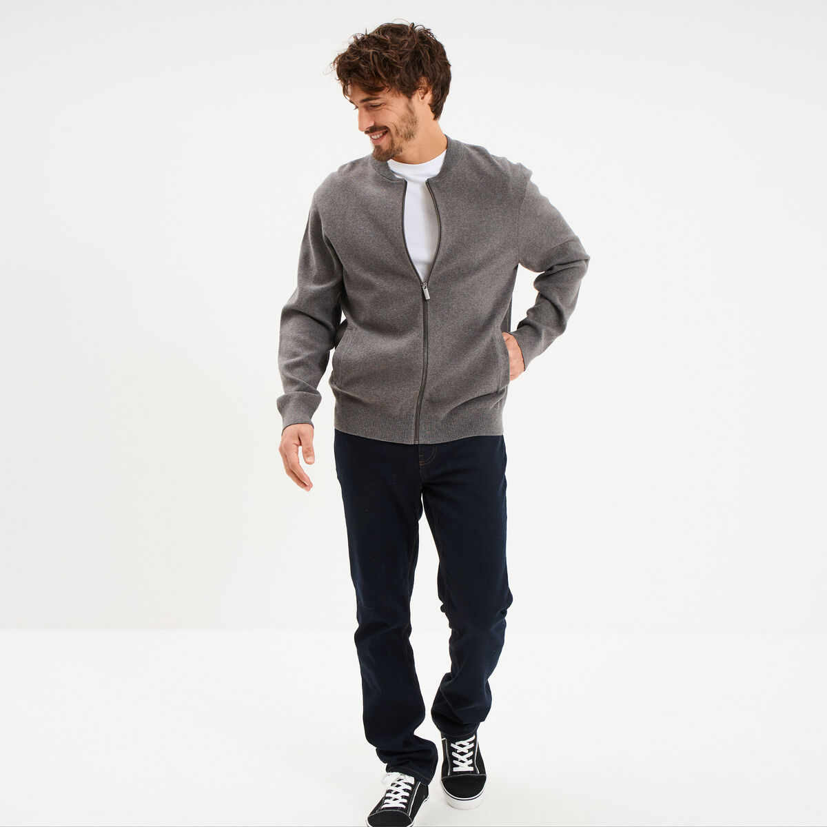 Gilet zipp&eacute; col teddy gris homme