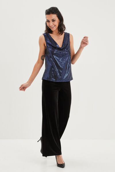 T-shirt col bénitier à strass bleu femme